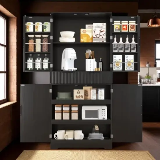 Fluted Pantry Cabinet with Keyboard Drawers & Door Spice Racks, Tall Freestanding Storage Cupboard with Adjustable Shelf for Kitchen, Dining Room image {2}