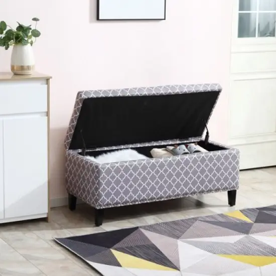 HOMCOM Large 42" Tufted Linen Fabric Upholstery Storage Ottoman Bench with lift-top for Living Room, Entryway, or Bedroom - Gray Lattice image {5}