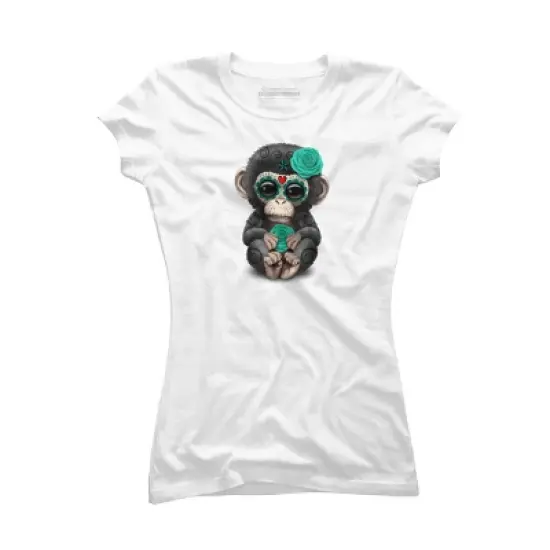 Junior's Design By Humans Blue Day of the Dead Sugar Skull Baby Chimp By jeffbartels T-Shirt image {4}