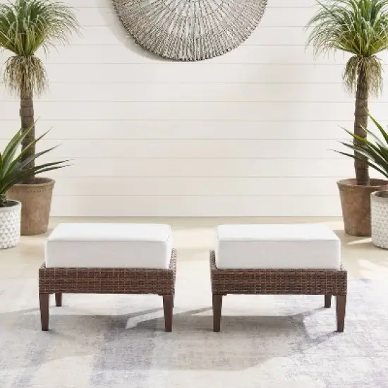 Capella 2pk Outdoor Wicker Ottomans - Cream/Brown - Crosley image {2}