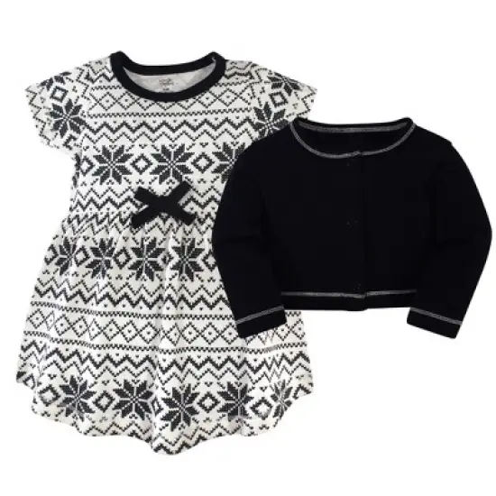 Touched by Nature Baby and Toddler Girl Organic Cotton Dress and Cardigan 2pc Set, Black Fair Isle image {1}