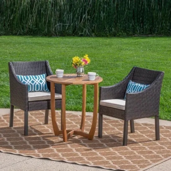 Christopher Knight Home Lorita Outdoor Acacia Wood and Wicker 3 Piece Bistro Set with Cushions image {9}