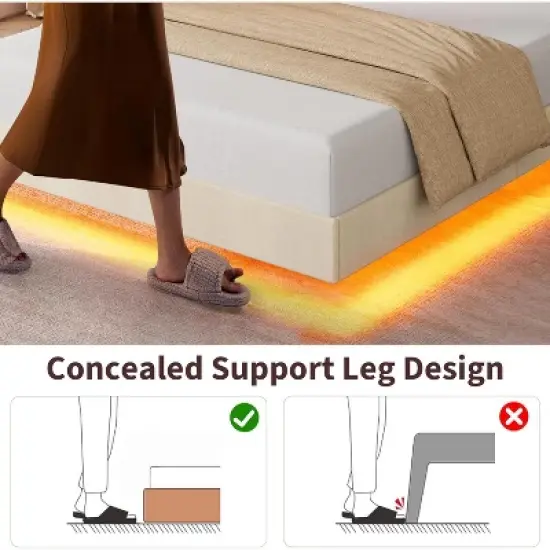 Full/Queen Size Floating Bed Frame with RGB LED Lights & Charging Station - Upholstered Suspended Bed, Storage Headboard, No Box Spring Needed image {6}