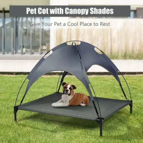 Costway 42'' Portable Elevated Dog Cot Outdoor Cooling Pet Bed w/ Removable Canopy Shade image {3}