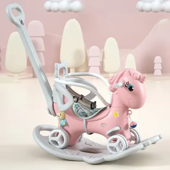 Lirago Pink Unicorn Rocking Horse Stroller 4-in-1 Ride On Toy with Push Handle Balance Bike and Board Gift for 1-3 Year Old Baby image {7}