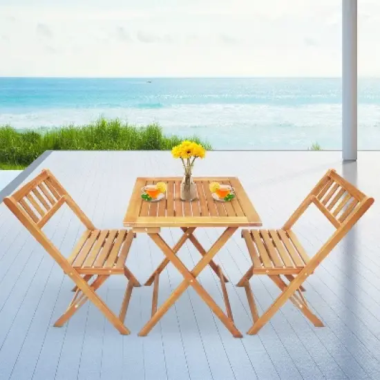 BestMassage 3-Pieces Acacia Wood Folding Bistro Set Outdoor Dining Set, Natural image {1}