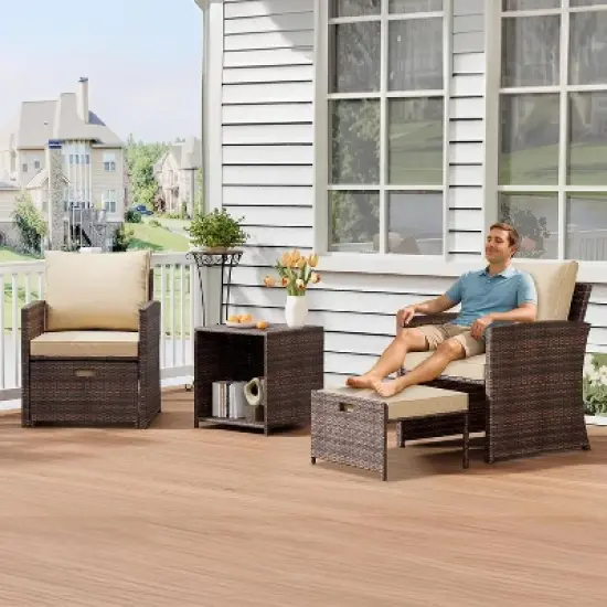 Acekool 5 Piece Balcony Patio Set Brown Rattan Armchairs with Soft Cushions 2 Hidden Ottomans and Glass Storage Table for Porch Lawn Deck image {3}