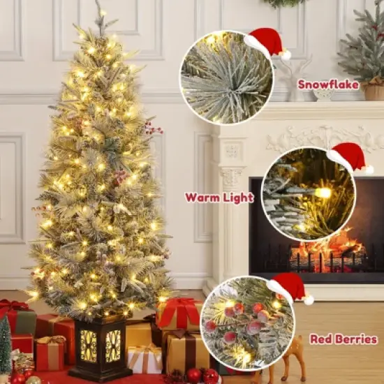 4.5ft Pre-Lit Snow Flocked Christmas Tree with 200 Warm Lights & 8 Modes, Faux Berries & Antique Urn Base for Home Office Decor image {4}