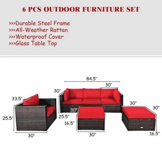 Costway 6PCS Patio Rattan Furniture Set Cushion Sofa Coffee Table image {3}