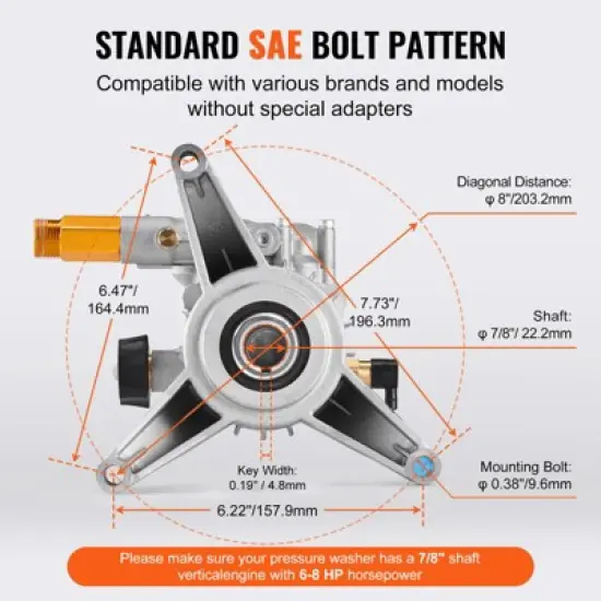 VEVOR Pressure Washer Pump, 7/8" Shaft Vertical, 3300 PSI, 3.0GPM, Replacement Power Washer Pumps Kit with 5 Nozzles,Hardware and Siphon Tube,Silver image {6}