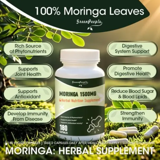 GreenPeople Pure Moringa 1500mg Capsules Supplement Supports Energy, Skin Health, Gut Health - 180pcs image {3}