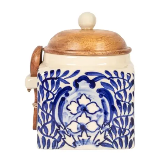 Storied Home Hand-Painted Stoneware Canister with Design, Acacia Wood Lid and Spoon, Cream, Blue and Natural image {4}