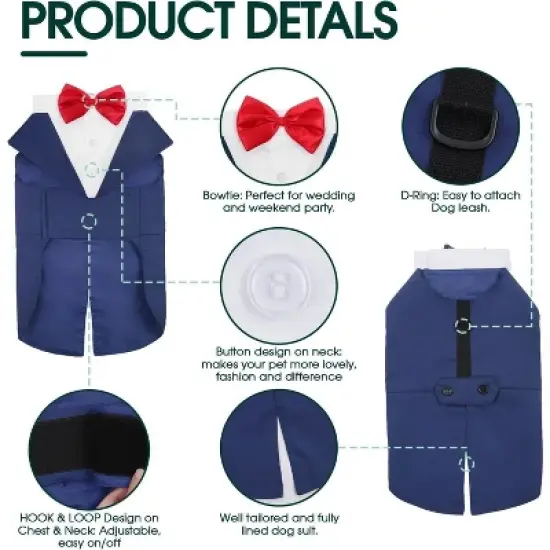Kuoser Dog Tuxedo Dog Suit and Bandana Set, Dogs Tuxedo Wedding Party Suit, Dog Prince Wedding Bow Tie Shirt Formal Dog Wedding Attire, Blue - Small image {3}