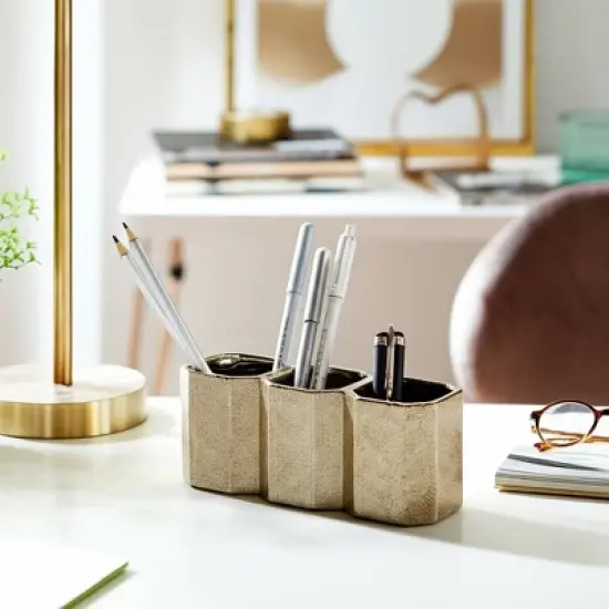 Sagebrook Home 10" Ceramic 3-cup Pen and Pencil Holder for Stylish Desktop Storage at Your Home or Office image {9}