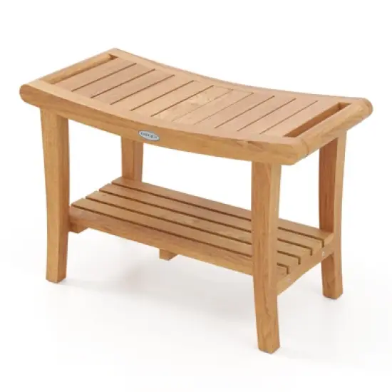 Tangkula 30" Large Teak Shower Stool w/ Storage Shelf Non-slip & Adjustable Foot Pads image {9}