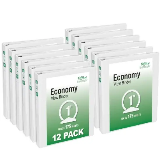 Office Essentials Economy View 3 Ring Binders, 1" Round Rings, 1.4" Spine, 175-Sheet Capacity, White Binders (12-Pack of 03424) image {7}