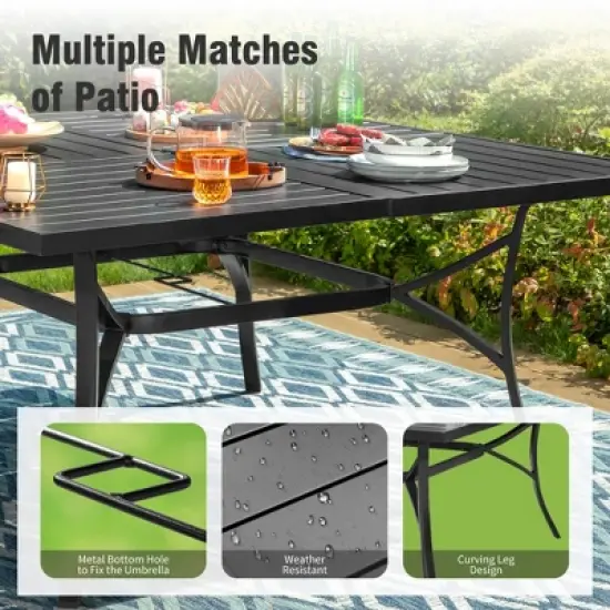 Captiva Designs 9pc Spacious Slat-top Square Metal Table with Umbrella Hole & Brown Textilene Fixed Chairs image {2}