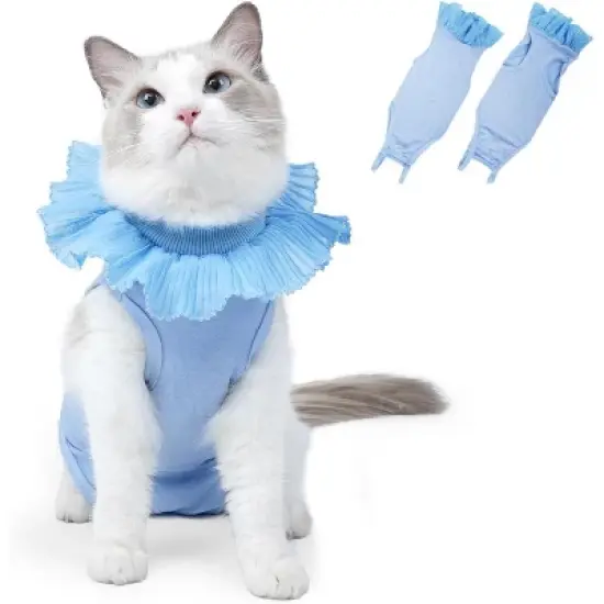 Cat Recovery Suit,Soft Anti-Licking Bodysuit with Adjustable Buckle,E-Collar Substitute,Warm After Shaving Light Blue M image {7}