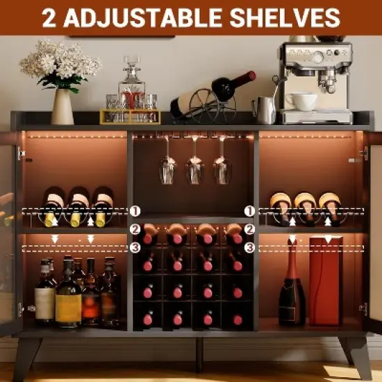 47" Liquor Cabinet Bar with LED Light, Kitchen Sideboard Buffet Storage Rack with Glass Door & Open Shelf for Home Living Room Dining Room, Black image {2}