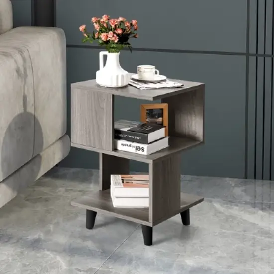Costway 2 PCS Nightstand Set Modern Side End Table Storage Shelf Grey image {5}