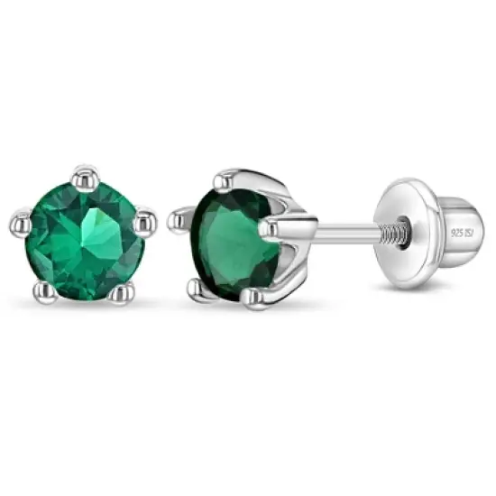 Girl's Classic CZ Birthstone Solitaire Screw Back Sterling Silver Earrings - In Season Jewelry image {15}