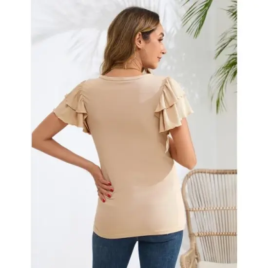Coolmee Women's Maternity Shirts Nursing Tops Flying Short Sleeve Breastfeeding Tees Lightweight Side Ruched Pregnancy Clothes XL Apricot image {3}