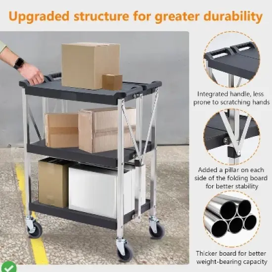 Foldable 3 Tier Stainless Steel Trolley Cart - Foldable Utility Serving Storage Rolling Car Shelf w/ Wheels image {3}