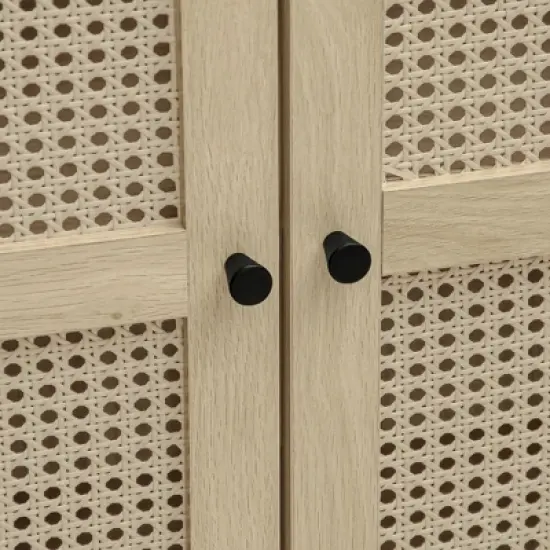 Dolonm Natural Wood 31.1 in. Tall Arched Rattan Pantry Cabinet with Adjustable Shelves, Storage for Kitchen Dining Living Room image {15}