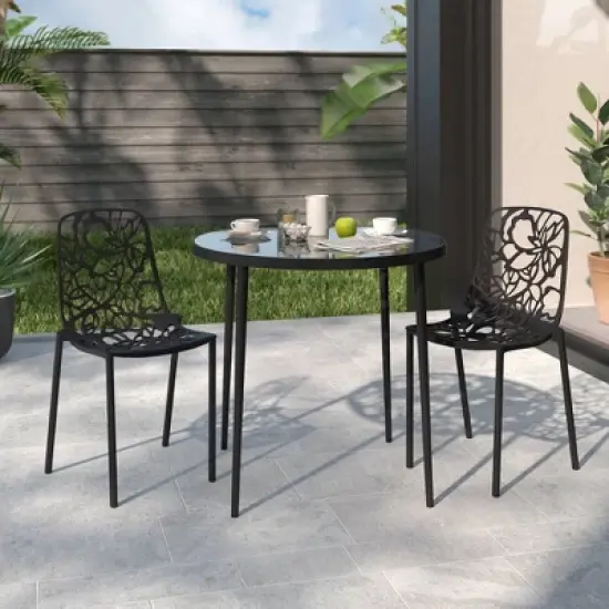 LeisureMod Devon 3-Piece Aluminum Outdoor Patio Dining Set with Tempered Glass Top Table and 2 Stackable Flower Design Chairs image {6}