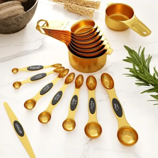 SUGIFT 15-Piece Stainless Steel Measuring Cups and Spoons Set with Dual-Sided Design, Magnetic Nesting for Dry and Liquid image {6}