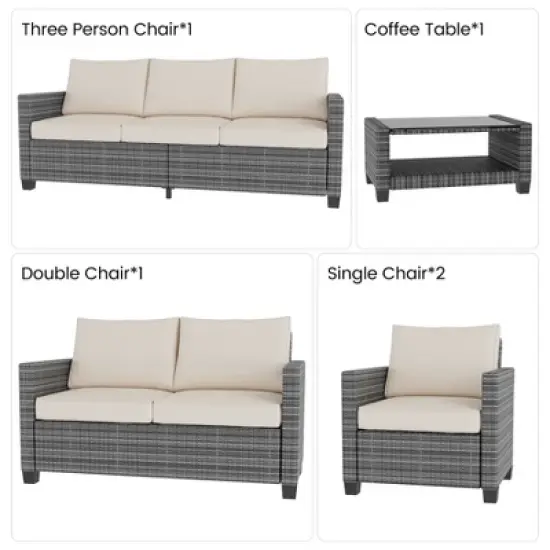 5-Piece Rattan Patio Furniture Set - 7-Seat Outdoor Furniture Sectional Sofa with Storage Table, Wicker Patio Furniture Set with Cushions image {4}