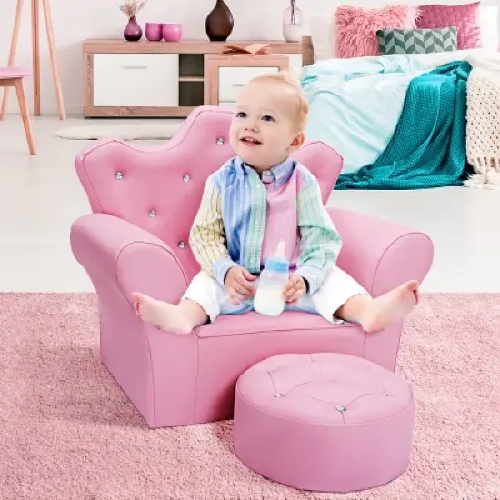 Costway Pink Kids Sofa Armrest Chair Couch Children Toddler Birthday Gift w/ Ottoman image {3}
