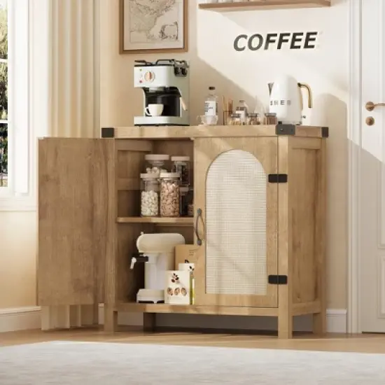 Rattan Sideboard Buffet Cabinets with Storage, Farmhouse Storage Cabinet, Wooden Coffee Bar Cabinet for Kitchen, Dining Room, Living Room image {7}