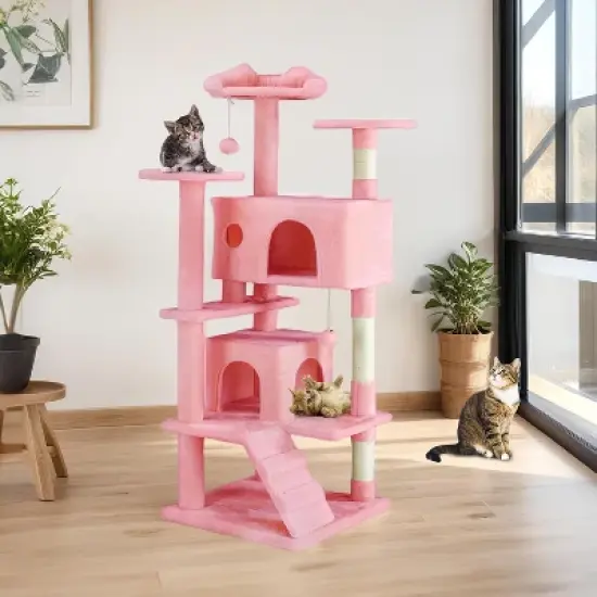 Gulches 54 "Cat Tree Tower - multi-level with sisal grab post, indoor apartment with ladder, plush toys, rest and play image {3}