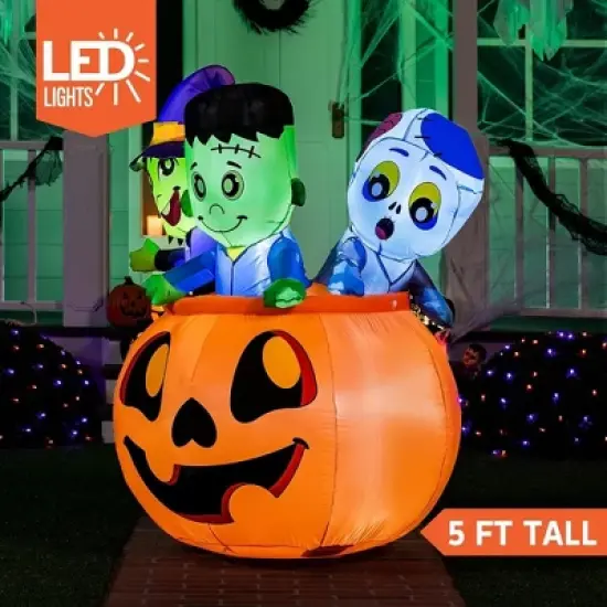 Joyfy 5 FT Tall Halloween Inflatables Outdoor Decorations, Inflatable Witch and Zombie on Pumpkin with LEDs for Halloween Party Yard Lawn Garden Decor image {2}