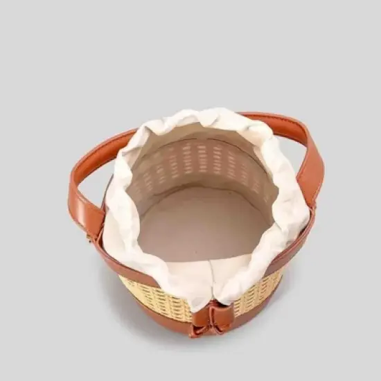 FATMOON Women Straw Rattan Bucket Bag, Hollowed Out Seaside Drawstring Handbag Purse, Leather Summer Beach Boho Shoulder Bag image {3}