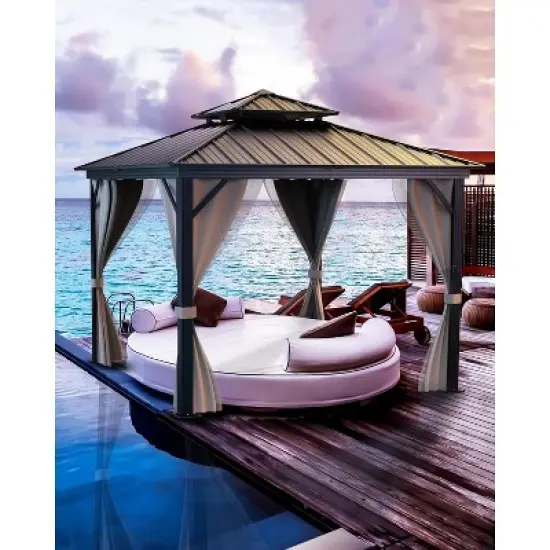 Garvee 10x10ft Hardtop Gazebo with Nettings and Curtains, Heavy Duty Double Roof Galvanized Steel Outdoor Combined of Vertical Stripes Roof (Khaki) image {9}