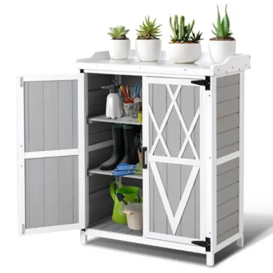 Outdoor Cabinet with Metal Tabletop Garden Potting Bench Table image {6}