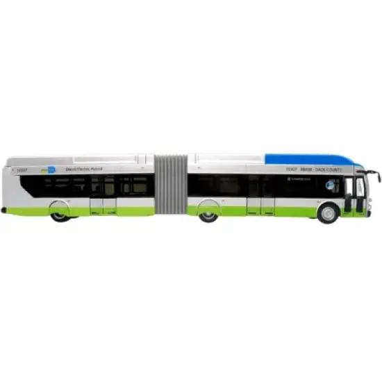 New Flyer Xcelsior XN-60 Aerodynamic Articulated Bus #11 Silver & Blue w/Green Stripe 1/87 (HO) Diecast Model by Iconic Replicas image {1}