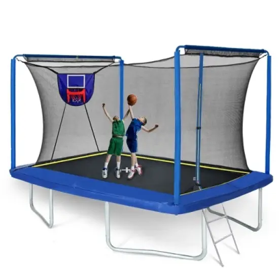 Okak 8*12FT Rectangle Trampoline, Outdoor Trampoline with Basketball Board, Inflater and Ladder, Rebounder for Garden, Patio, Blue image {5}
