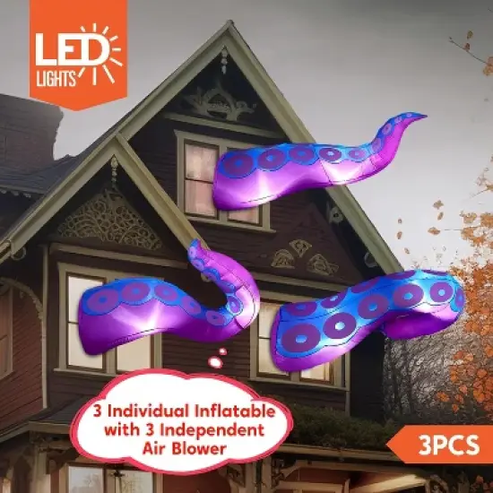Joyfy 3 Pcs Halloween Inflatable Outdoor Decorations, Purple Octopus Tentacle with Built-in LEDs Broke Out from Window for Halloween Window Roof Decor image {2}