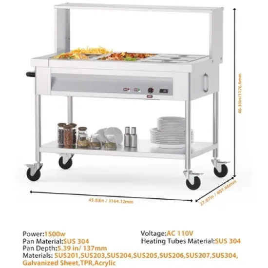 Food Warmers, Commercial Electric Food Warmer - 9-Pan Steam Table with Lids, Acrylic Guard, 1500W Stainless Steel Serving Counter image {3}