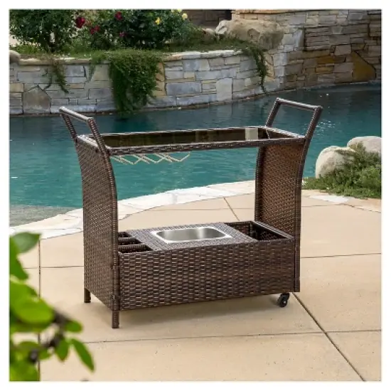 Bahama Wicker Bar Cart - Brown - Christopher Knight Home image {2}