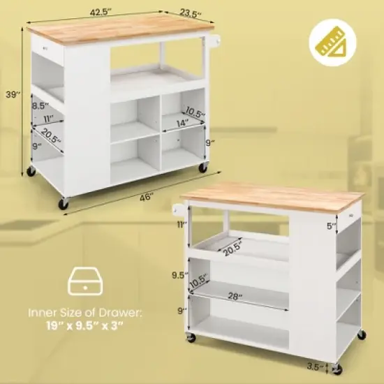 Costway Kitchen Island Trolley Cart on Wheels with Storage Open Shelves & Drawer White/Brown image {2}