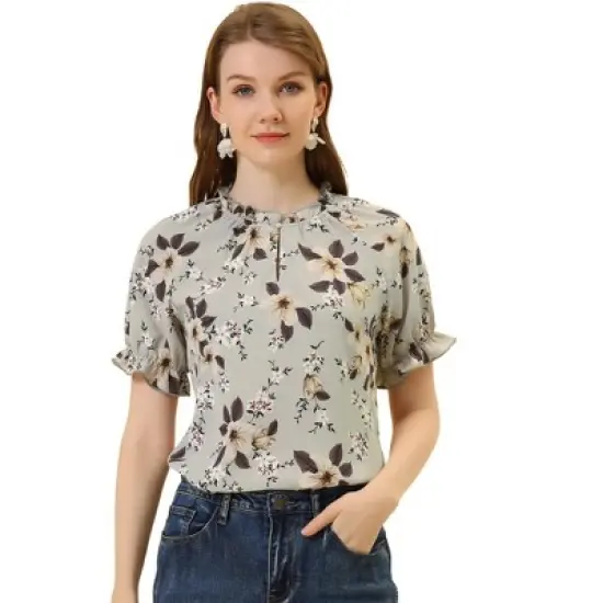Allegra K Women's Floral Ruffled Short Sleeve Mock Neck Blouses image {7}