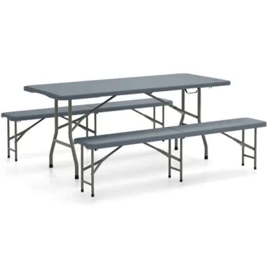 Tangkula 3 PCS Folding Picnic Table Set w/ 6 ft Table & 2 Benches HDPE Tabletop Bench Top Gray image {8}