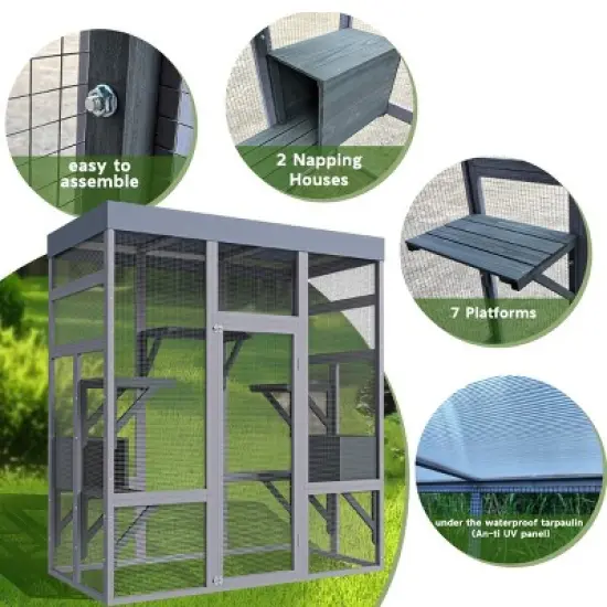 62.6" Large Wooden Outdoor Cat House with Waterproof Roof, Catio Enclosure with 6 Platforms and 2 Resting Boxes for Patio&ndash;The Pop Home image {6}