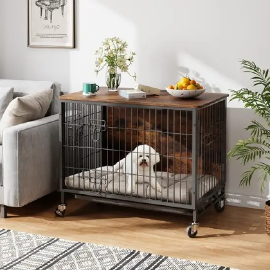 2 in1 Furniture Style Dog Crate, MDF Metal Dog Crate, Indoor Pet Kennel Cage with Shelves & Moveable Tray & Wheels, Puppy House for Home, Farmhouse image {9}