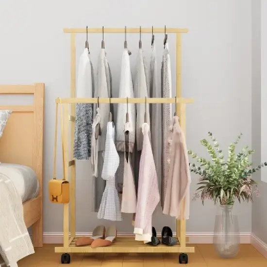 Artloge Thicken Double Rod Bamboo Hanging Clothes Rack Portable Rolling Coat Garment Stand Storage Organizer with Shoe Shelves & Wheels image {5}