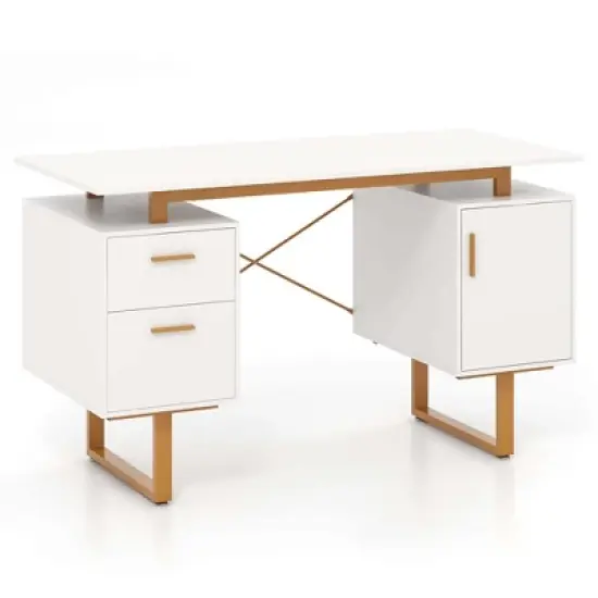 Costway 51" Home Office Desk with Floating Desktop Dual Drawers Cabinet & Metal Frame image {9}